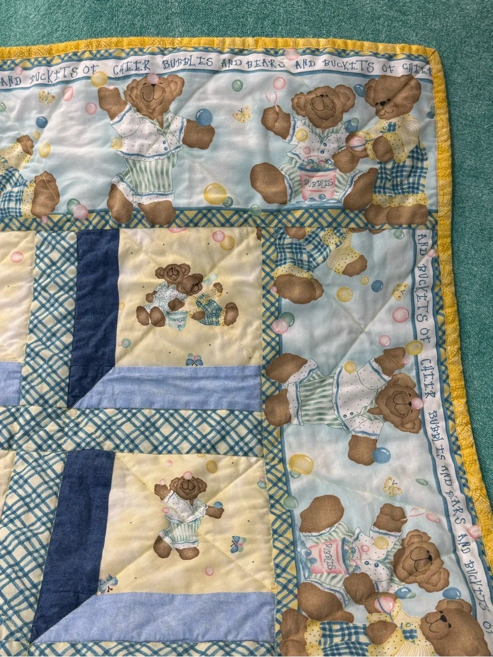 Blue & Yellow Teddy Bear 40” X 40” Quilted Baby Blanket